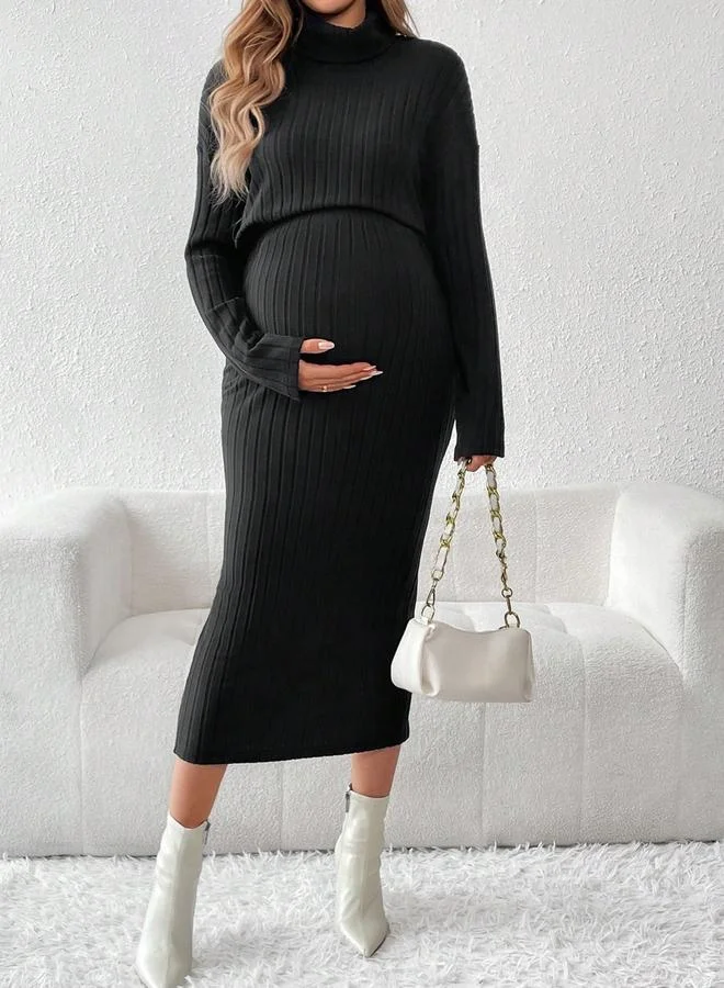 Take Two  Women High Neck Top and Adjustable Elastic Skirt Maternity Ribbed Set for Women | Best Price UAE